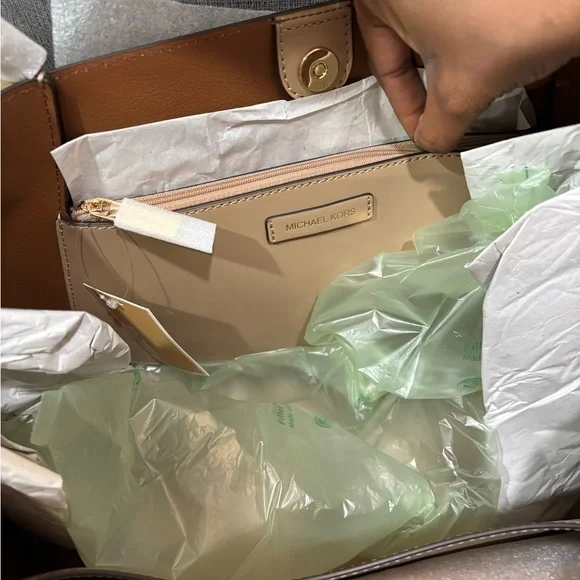 Michael Kors Beige Leather Tote with Gold Accents - Picture 3 of 5